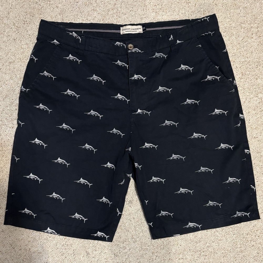 Hudson & Barrow Men's Shorts 38 Chino Cargo Shorts Flat Front Navy w Marlin